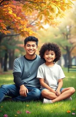 A young girl with black hair and brown eyes sitting beside a young man with curly black hair on the grass of a vibrant park