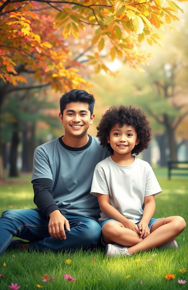 A young girl with black hair and brown eyes sitting beside a young man with curly black hair on the grass of a vibrant park