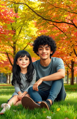 A young girl with black hair and brown eyes sitting beside a young man with curly black hair on the grass of a vibrant park