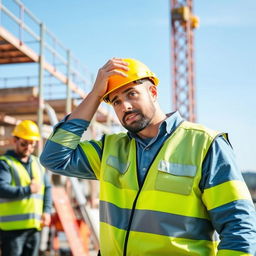 A construction worker wearing a bright yellow safety helmet stands in an industrial setting, surrounded by construction tools and machinery