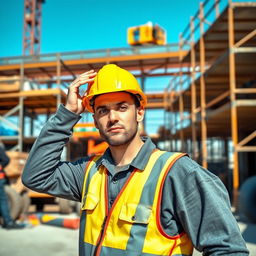 A construction worker wearing a bright yellow safety helmet stands in an industrial setting, surrounded by construction tools and machinery
