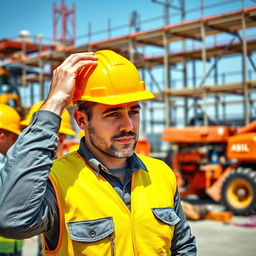 A construction worker wearing a bright yellow safety helmet stands in an industrial setting, surrounded by construction tools and machinery