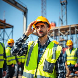 A construction worker wearing a bright yellow safety helmet stands in an industrial setting, surrounded by construction tools and machinery