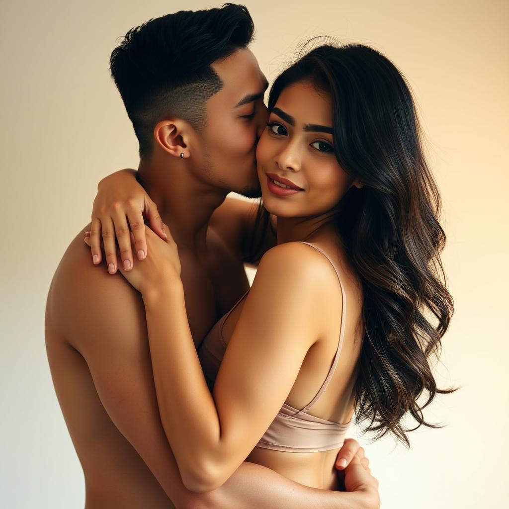 A tender and passionate scene featuring a handsome 39-year-old Indonesian man with an athletic body and pure white skin, hugging a beautiful 28-year-old woman with a sturdy and sexy physique from behind in a very affectionate manner