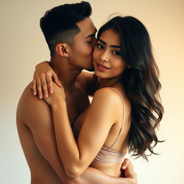 A tender and passionate scene featuring a handsome 39-year-old Indonesian man with an athletic body and pure white skin, hugging a beautiful 28-year-old woman with a sturdy and sexy physique from behind in a very affectionate manner