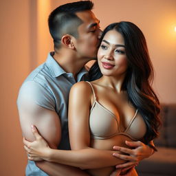 A tender and passionate scene featuring a handsome 39-year-old Indonesian man with an athletic body and pure white skin, hugging a beautiful 28-year-old woman with a sturdy and sexy physique from behind in a very affectionate manner