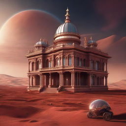 A lavish Victorian villa, characterized by intricate architectural elements, situated on the barren landscape of Mars, with the red Martian soil and the distant galactic horizon as its backdrop.