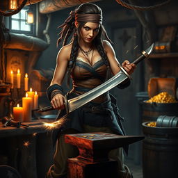 A tough female pirate blacksmith, showcasing her fierce spirit and strength