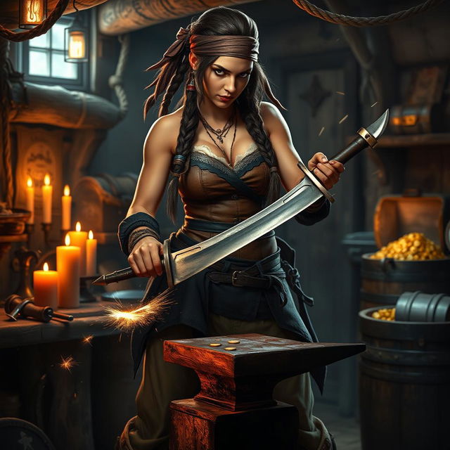 A tough female pirate blacksmith, showcasing her fierce spirit and strength