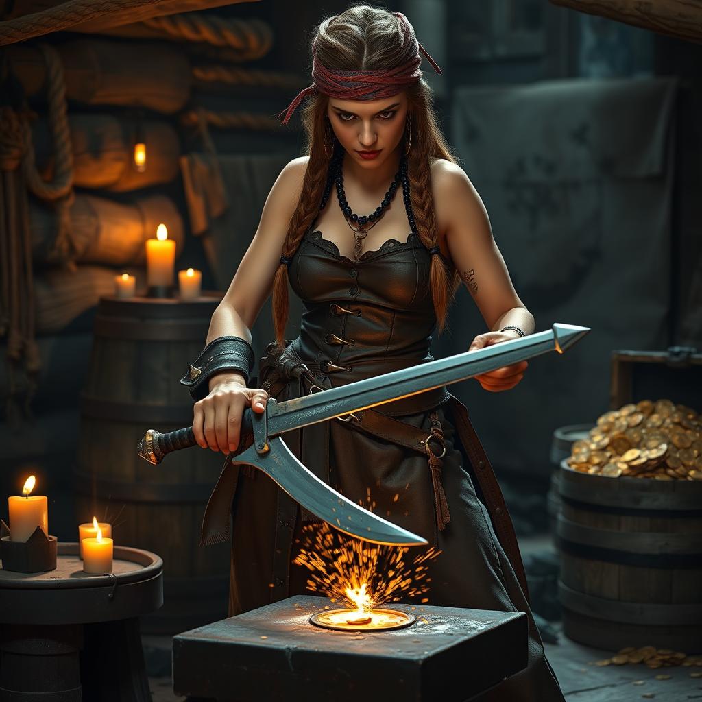 A tough female pirate blacksmith, showcasing her fierce spirit and strength