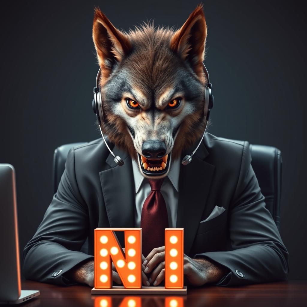 A realistic and intimidating werewolf dressed in an executive suit, wearing telemarketer headphones, sitting in an office