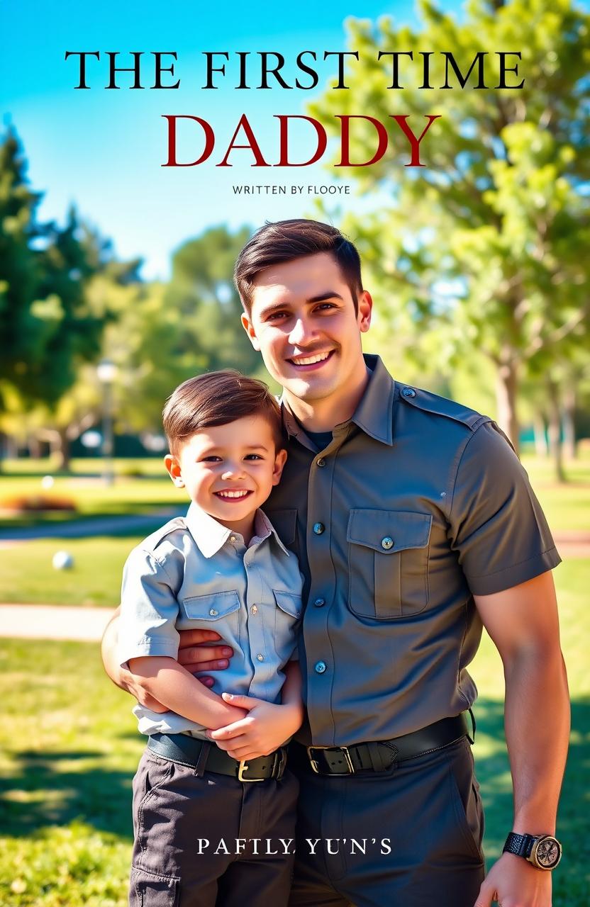 A heartwarming scene capturing a handsome dad in a well-fitted uniform, exuding a proud and loving demeanor as he stands beside his adorable 5-year-old son