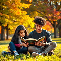 A young girl with long black hair sitting alongside a young man with curly hair, both on the grass, reading a book together in a park