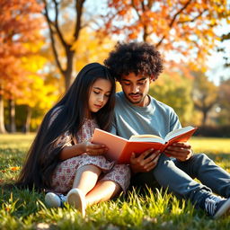A young girl with long black hair sitting alongside a young man with curly hair, both on the grass, reading a book together in a park