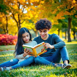 A young girl with long black hair sitting alongside a young man with curly hair, both on the grass, reading a book together in a park