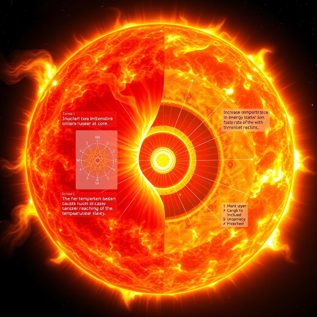 An illustration depicting the inner workings of the Sun, focusing on its nuclear fusion processes at the core