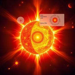 An illustration depicting the inner workings of the Sun, focusing on its nuclear fusion processes at the core