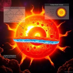 An illustration depicting the inner workings of the Sun, focusing on its nuclear fusion processes at the core
