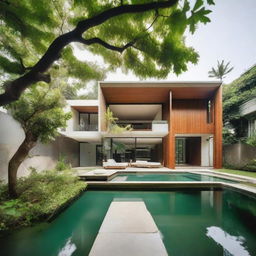 A 2003 square feet house positioned in front of a serene canal surrounded by lush greenery