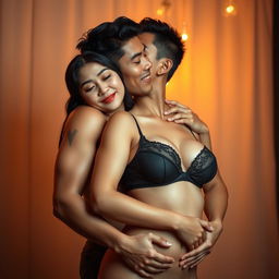 A passionate and tender scene featuring a handsome 39-year-old Indonesian man with an athletic body and pure white skin, hugging a beautiful 28-year-old woman with a sturdy and sexy physique from behind while standing