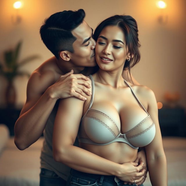 A passionate and tender scene featuring a handsome 39-year-old Indonesian man with an athletic body and pure white skin, hugging a beautiful 28-year-old woman with a sturdy and sexy physique from behind while standing