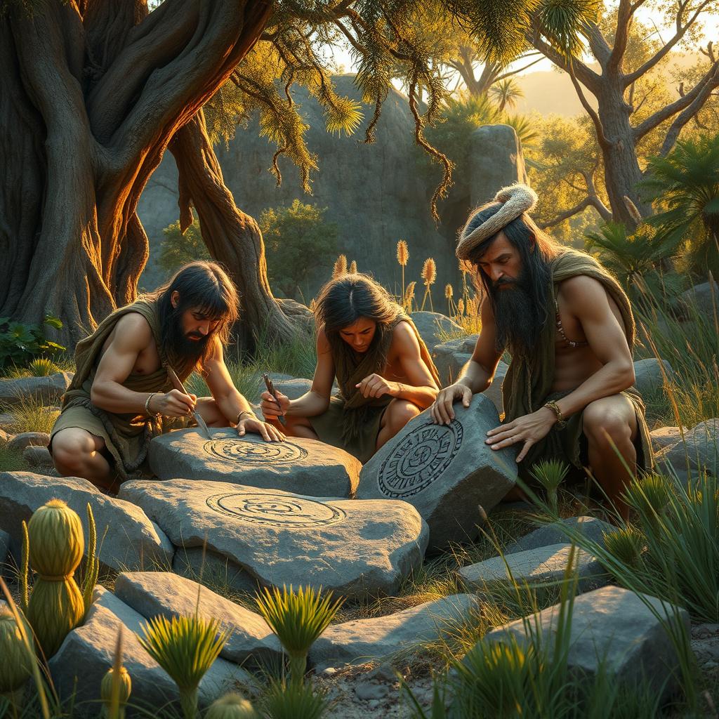 A detailed and dynamic scene showcasing ancient hunter-gatherers engaging in the act of carving intricate patterns and symbols on rough stone, set in a natural prehistoric landscape