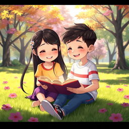 An animated scene featuring a young girl with long black hair sitting alongside her peer, a young boy, on the grass, both engrossed in reading a book together
