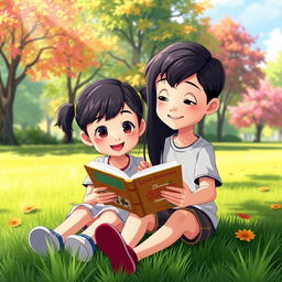 An animated scene featuring a young girl with long black hair sitting alongside her peer, a young boy, on the grass, both engrossed in reading a book together
