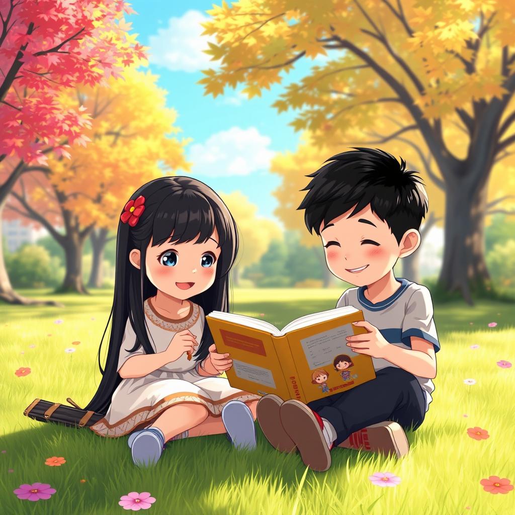An animated scene featuring a young girl with long black hair sitting alongside her peer, a young boy, on the grass, both engrossed in reading a book together