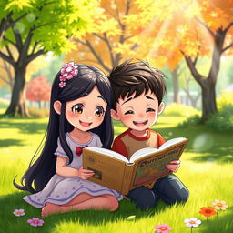 An animated scene featuring a young girl with long black hair sitting alongside her peer, a young boy, on the grass, both engrossed in reading a book together