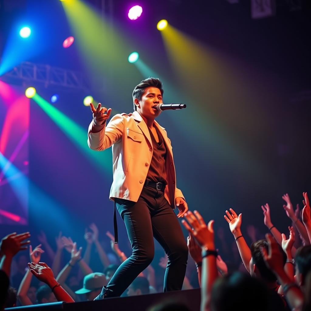 A dynamic and captivating photo of a Filipino vocalist performing on stage, exuding charisma and energy