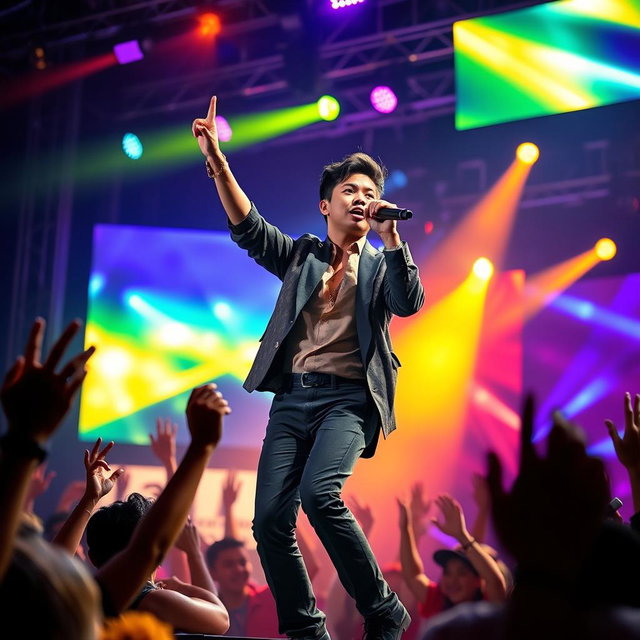 A dynamic and captivating photo of a Filipino vocalist performing on stage, exuding charisma and energy