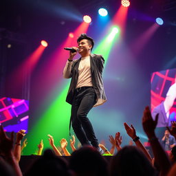 A dynamic and captivating photo of a Filipino vocalist performing on stage, exuding charisma and energy