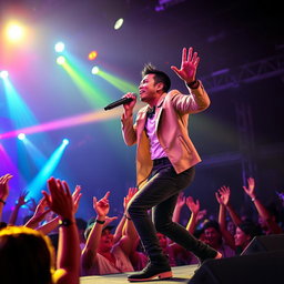A dynamic and captivating photo of a Filipino vocalist performing on stage, exuding charisma and energy