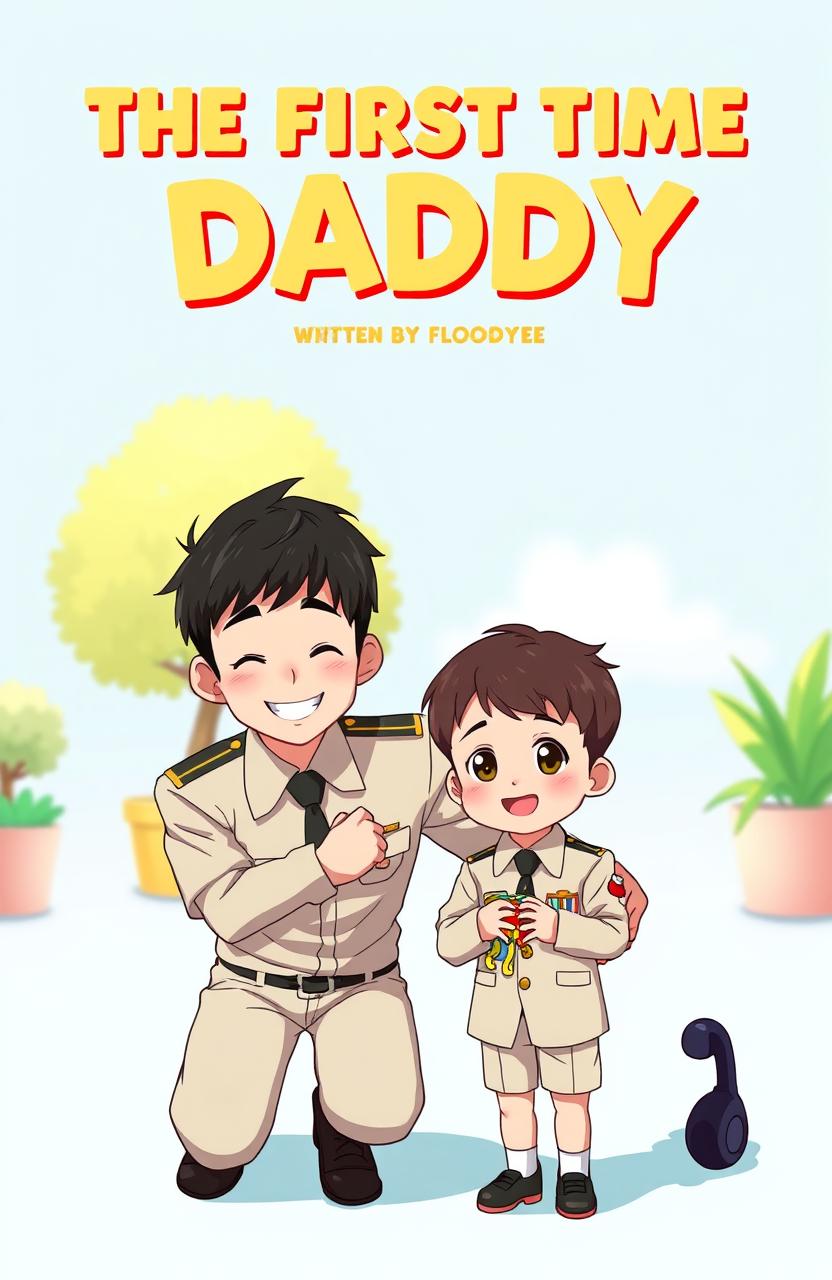 A handsome dad in a smart uniform, smiling warmly as he kneels beside his cute 5-year-old son who is also dressed in a matching uniform