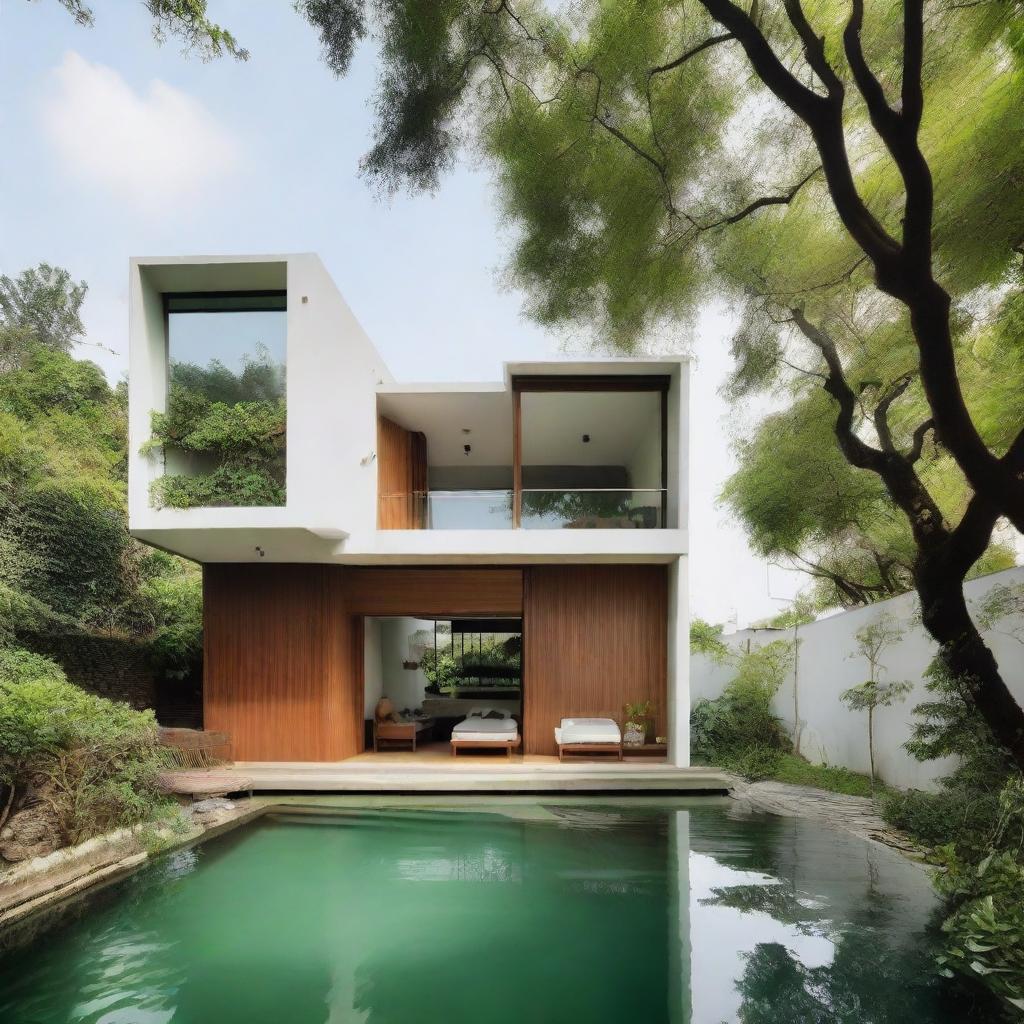 A 2003 square feet house positioned in front of a serene canal surrounded by lush greenery