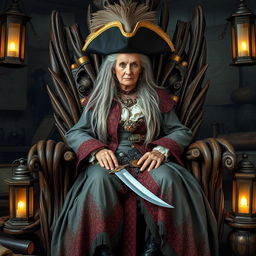An imposing old pirate queen, sitting confidently on a richly decorated throne made of driftwood and adorned with gold accents
