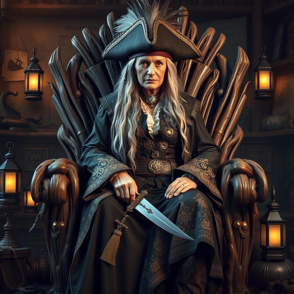 An imposing old pirate queen, sitting confidently on a richly decorated throne made of driftwood and adorned with gold accents