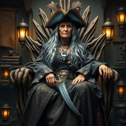 An imposing old pirate queen, sitting confidently on a richly decorated throne made of driftwood and adorned with gold accents