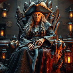An imposing old pirate queen, sitting confidently on a richly decorated throne made of driftwood and adorned with gold accents