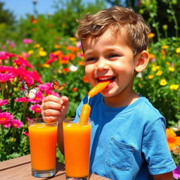 A joyful young boy enjoying a carrot in a vibrant garden full of colorful flowers and lush greenery