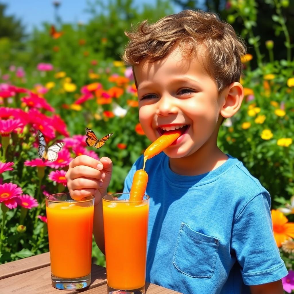 A joyful young boy enjoying a carrot in a vibrant garden full of colorful flowers and lush greenery