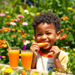 A joyful young boy enjoying a carrot in a vibrant garden full of colorful flowers and lush greenery
