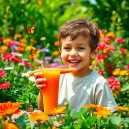 A joyful young boy enjoying a carrot in a vibrant garden full of colorful flowers and lush greenery