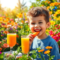 A joyful young boy enjoying a carrot in a vibrant garden full of colorful flowers and lush greenery
