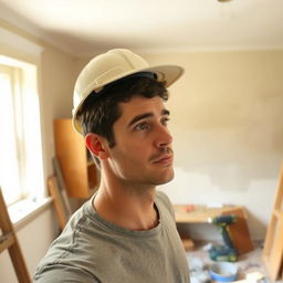 A man in a cozy indoor setting, wearing a safety hat, looking around as if pondering or asking a question