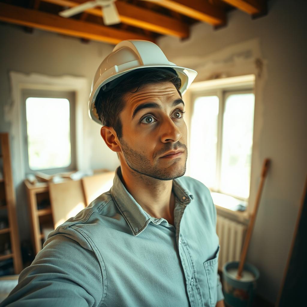 A man in a cozy indoor setting, wearing a safety hat, looking around as if pondering or asking a question