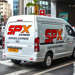 A clean and sleek white mini blind van featuring the logo "SPX EXPRESS ARUT SELATAN" prominently displayed on its side