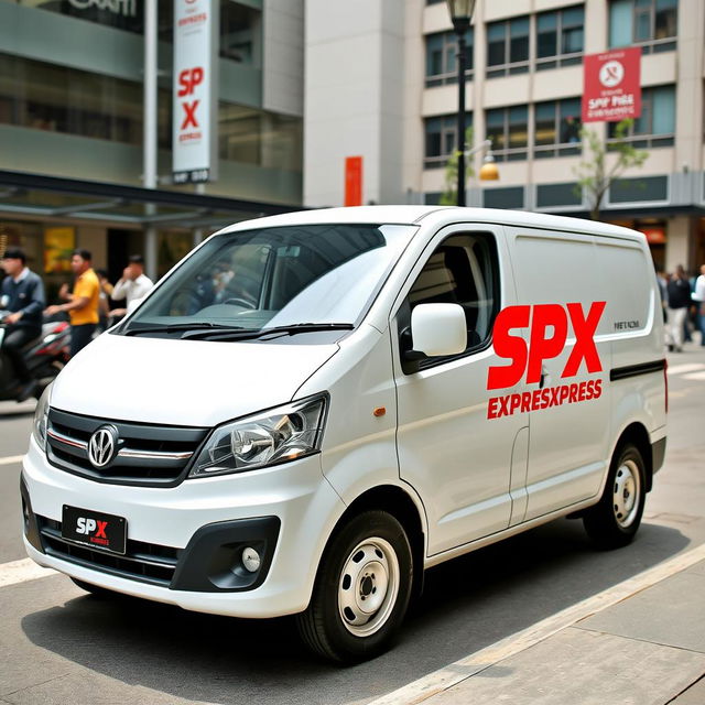 A clean and sleek white mini blind van featuring the logo "SPX EXPRESS ARUT SELATAN" prominently displayed on its side