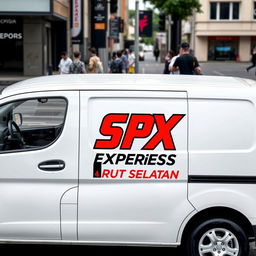 A clean and sleek white mini blind van featuring the logo "SPX EXPRESS ARUT SELATAN" prominently displayed on its side